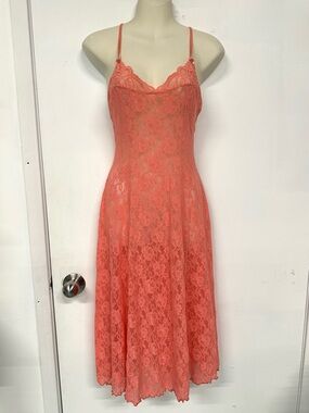 Vintage Peach Stretch Lace Midi Slip Dress Sheer Cami Nightgown Style Romantic